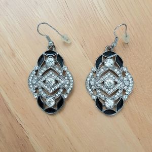 Vintage Earrings Rhinestone and Black Enamel, Dangle on Wire hooks